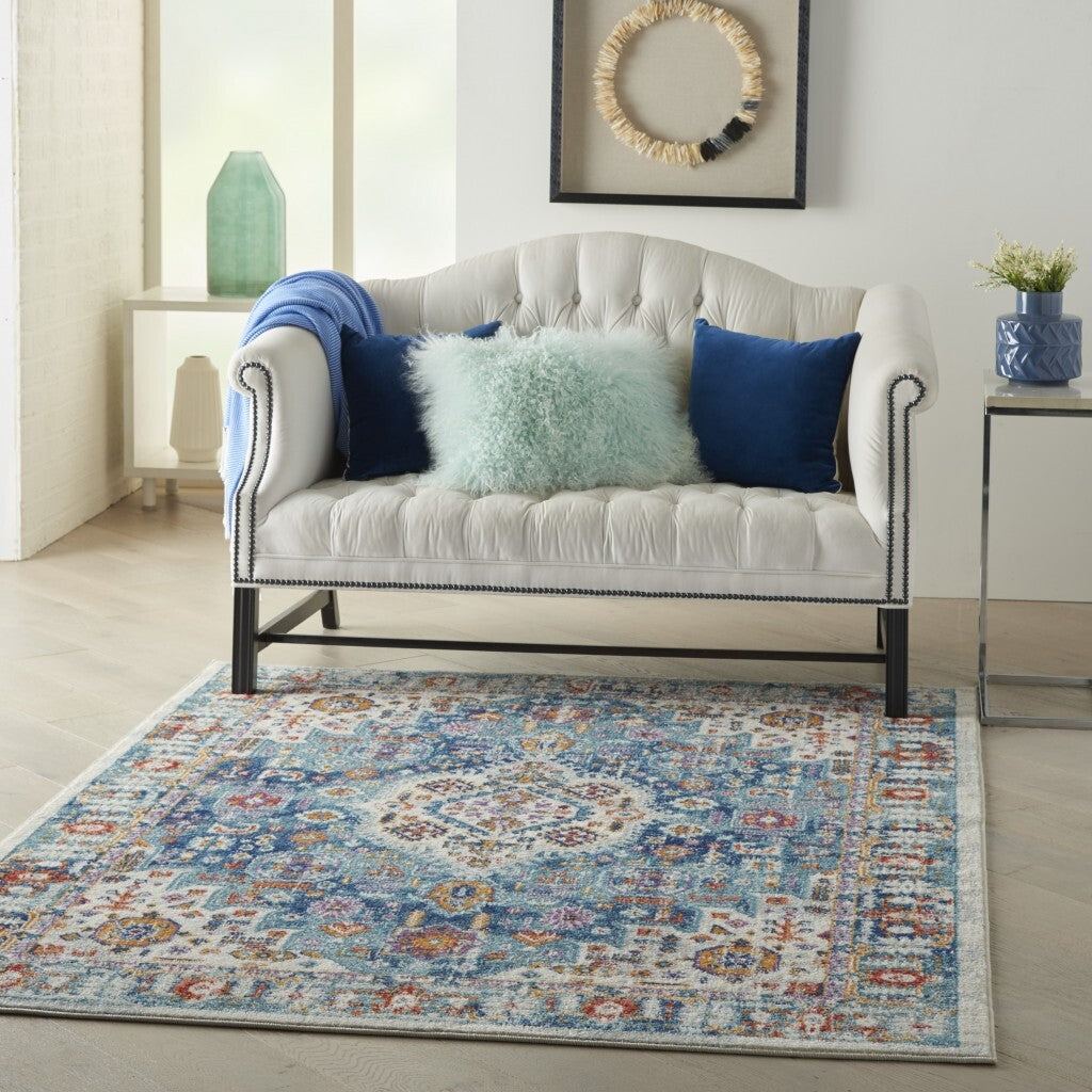 4' X 6' Ivory And Blue Floral Motifs Area Rug