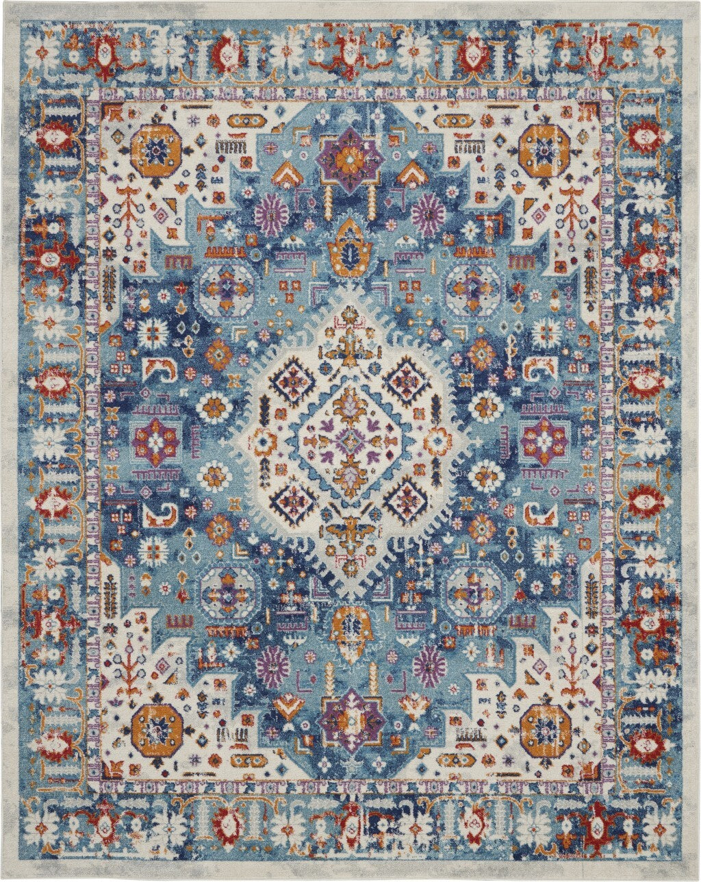 8' X 10' Ivory And Blue Floral Motifs Area Rug