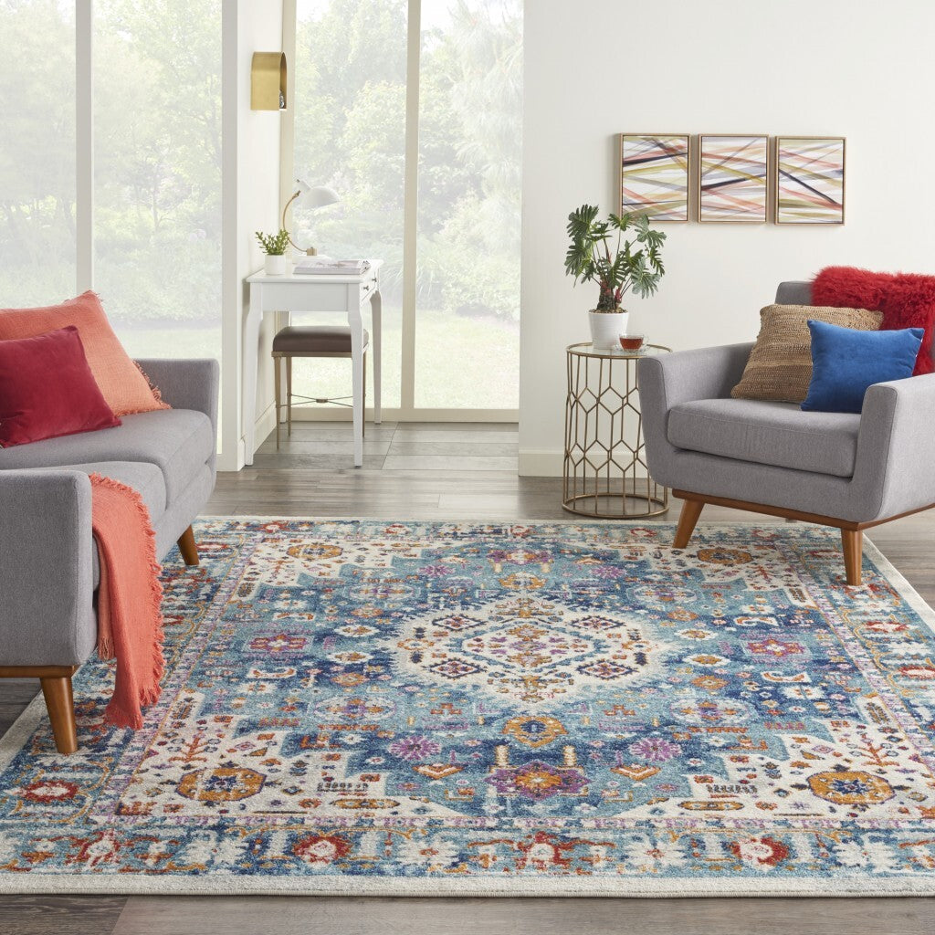 8' X 10' Ivory And Blue Floral Motifs Area Rug