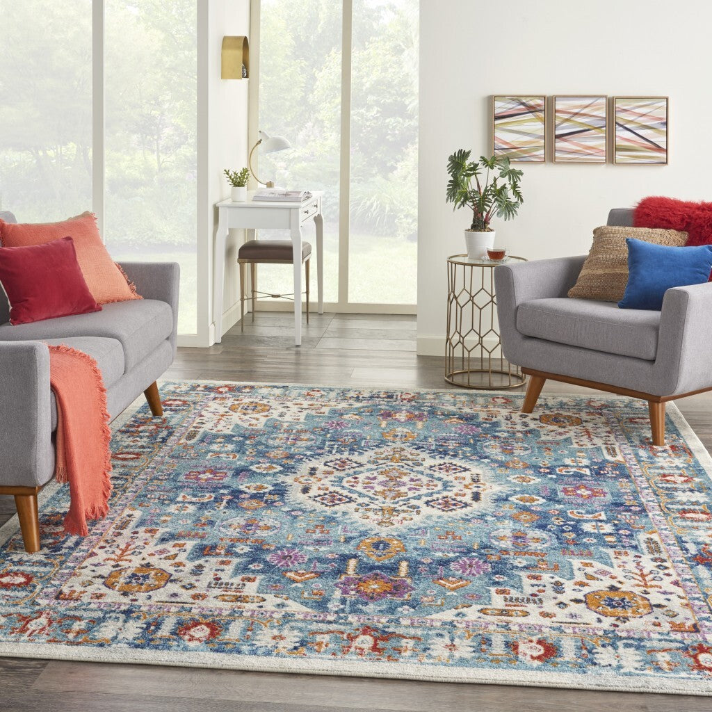 8' X 10' Ivory And Blue Floral Motifs Area Rug