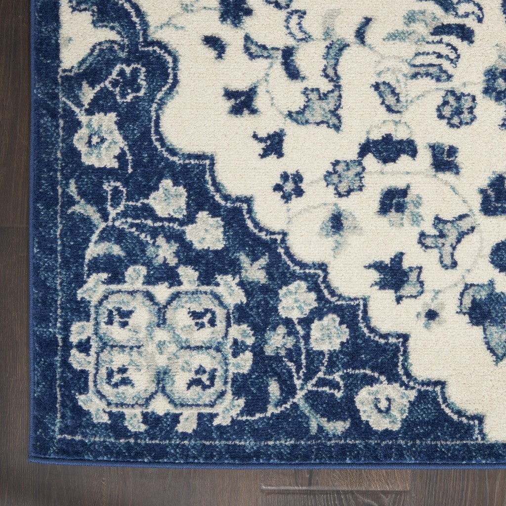 2' X 8' Ivory And Blue Medallion Runner Rug