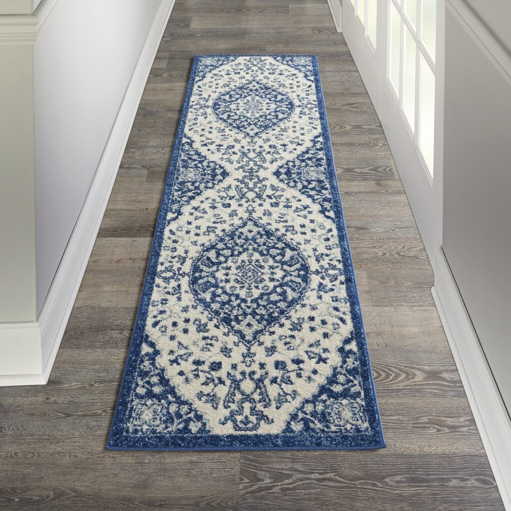 2' X 8' Ivory And Blue Medallion Runner Rug