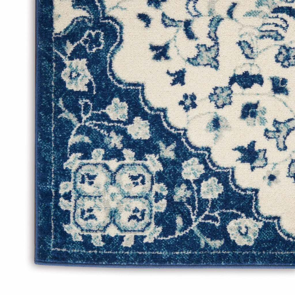2' X 8' Ivory And Blue Medallion Runner Rug
