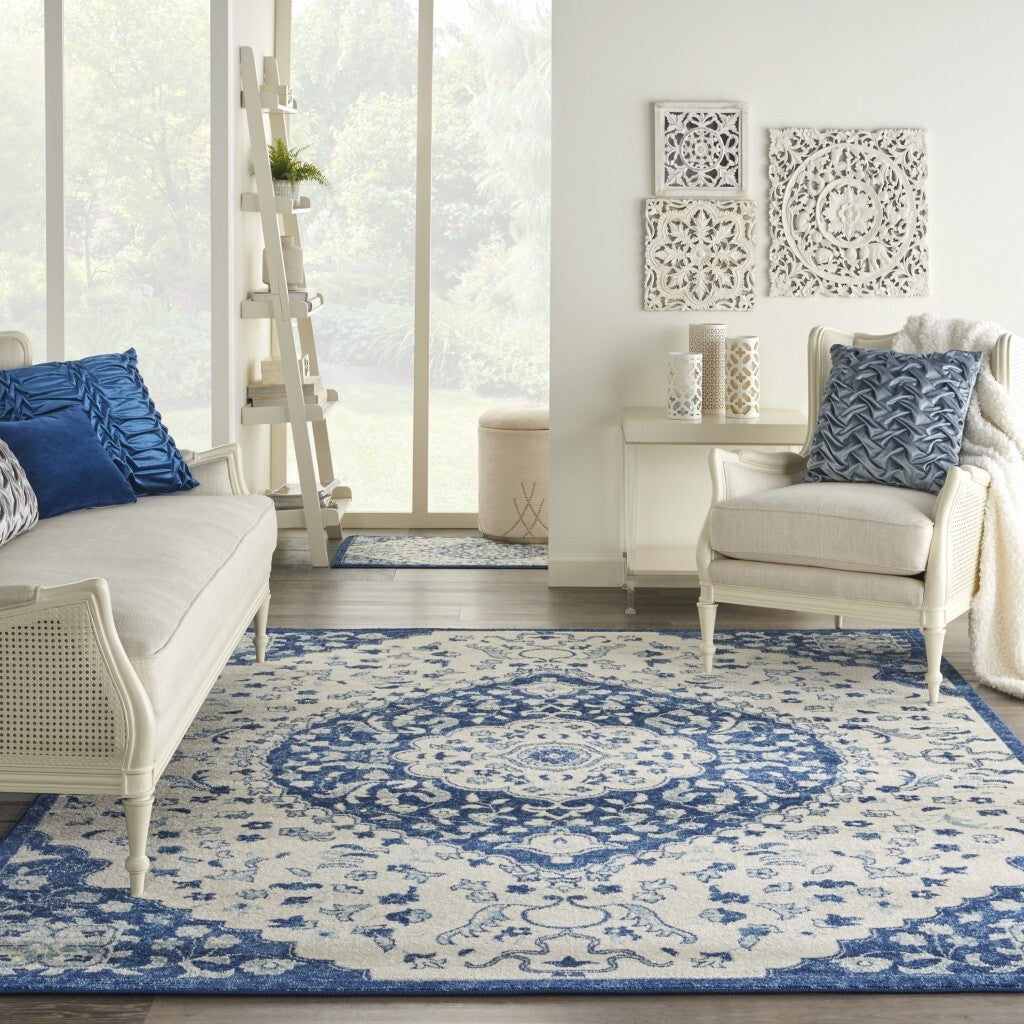 8' X 10' Ivory And Blue Medallion Area Rug