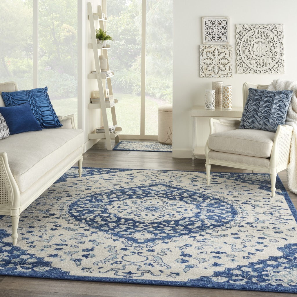 8' X 10' Ivory And Blue Medallion Area Rug