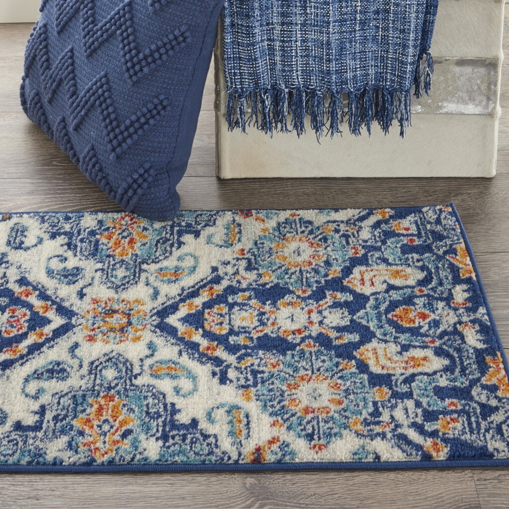 2' X 3' Blue And Ivory Persian Patterns Scatter Rug