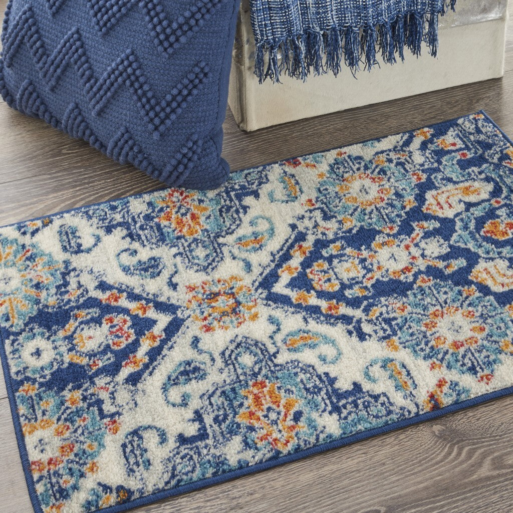 2' X 3' Blue And Ivory Persian Patterns Scatter Rug