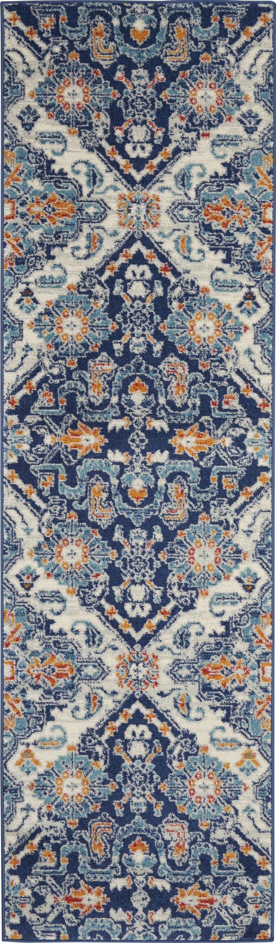 2' X 8' Blue And Ivory Persian Patterns Runner Rug