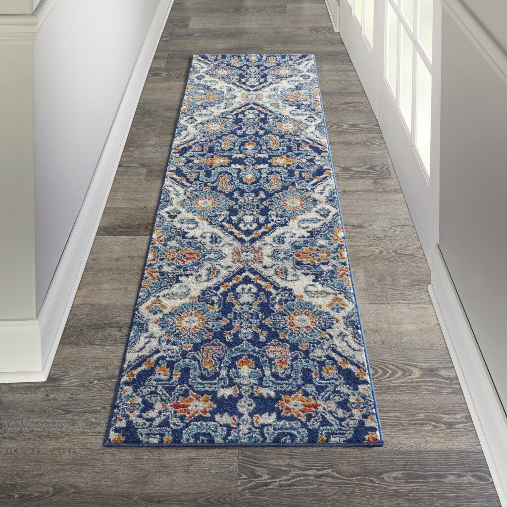 2' X 8' Blue And Ivory Persian Patterns Runner Rug