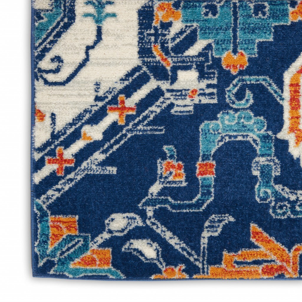 2' X 8' Blue And Ivory Persian Patterns Runner Rug