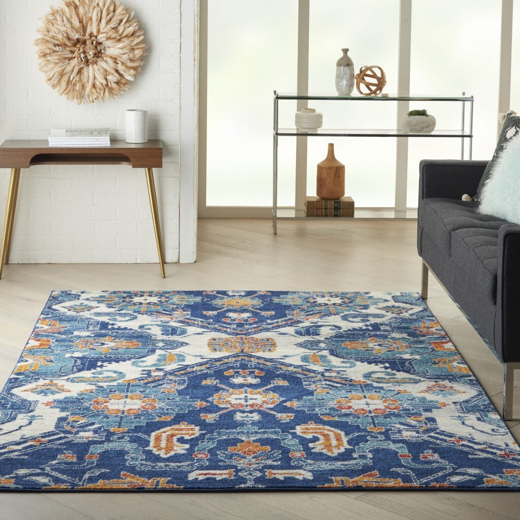 4' X 6' Blue And Ivory Persian Patterns Area Rug