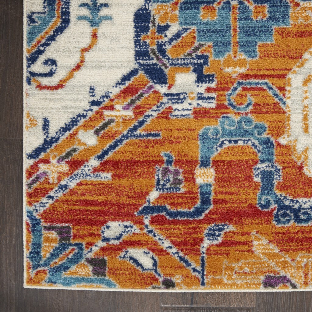 2' X 8' Ivory And Gold Floral Motif Runner Rug