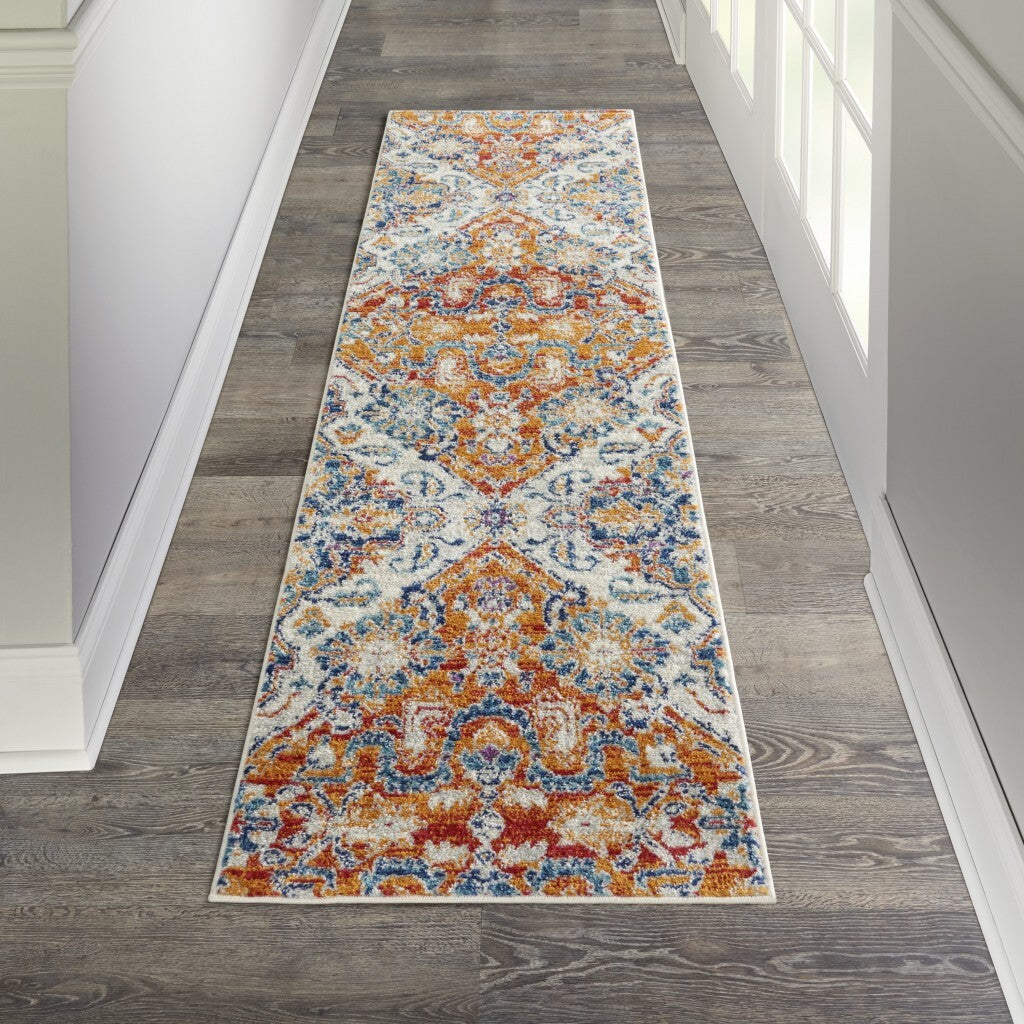 2' X 8' Ivory And Gold Floral Motif Runner Rug