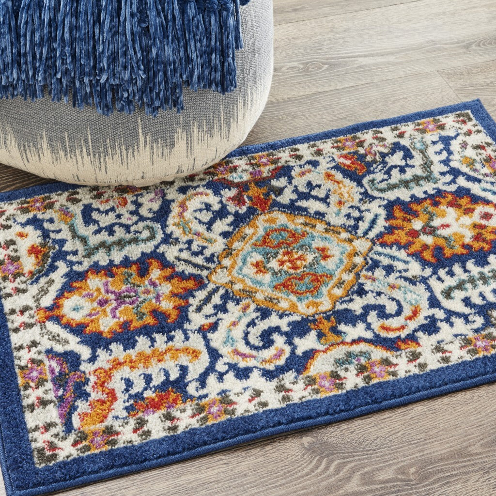 2' X 3' Blue And Gold Intricate Scatter Rug