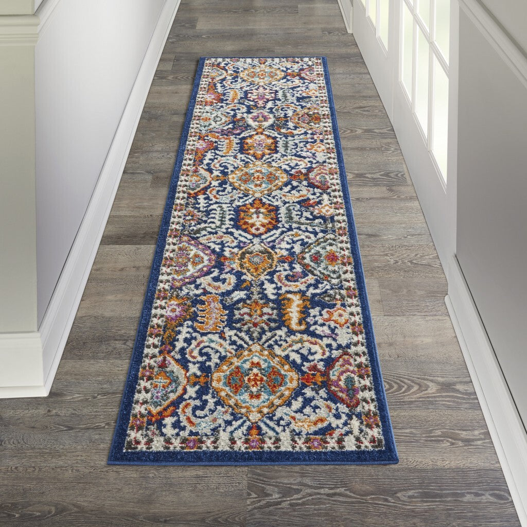 2' X 8' Blue And Gold Intricate Runner Rug