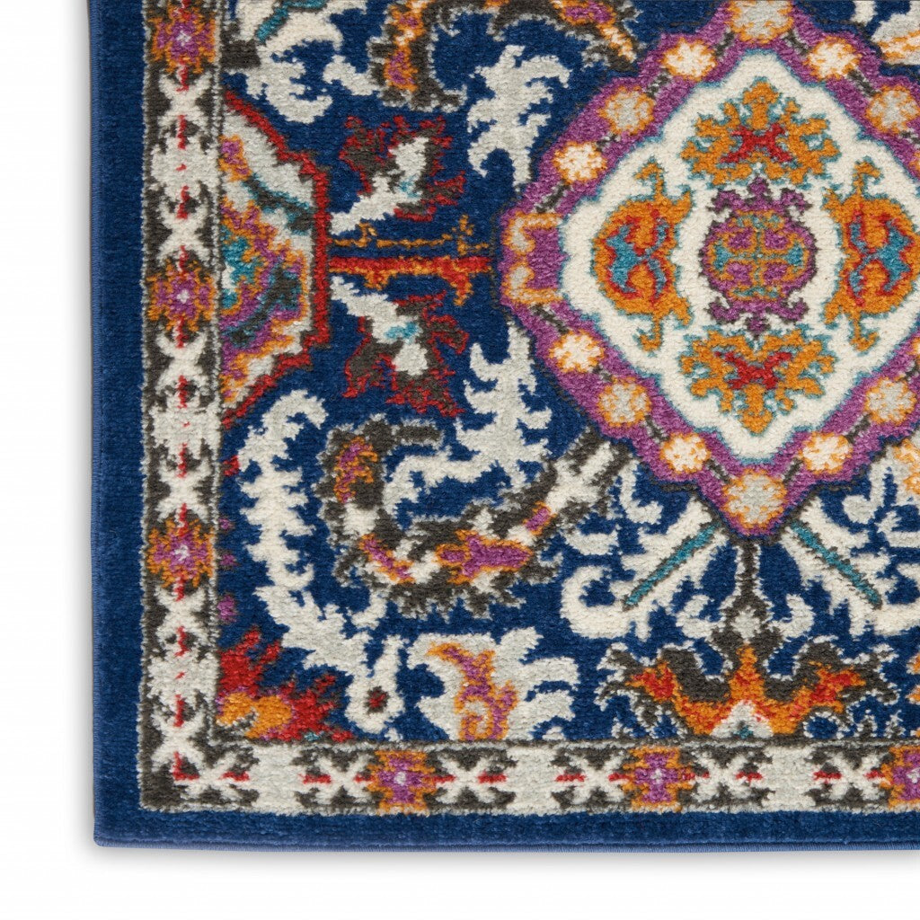 2' X 8' Blue And Gold Intricate Runner Rug