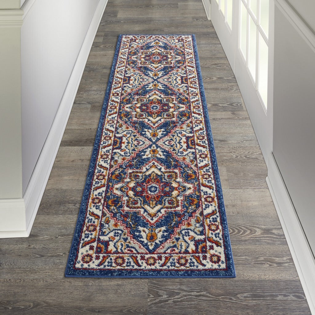2' X 8' Blue And Ruby Medallion Runner Rug
