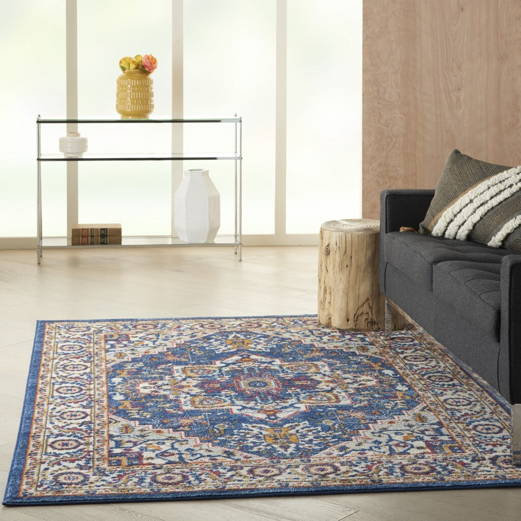 4' X 6' Blue And Ruby Medallion Area Rug