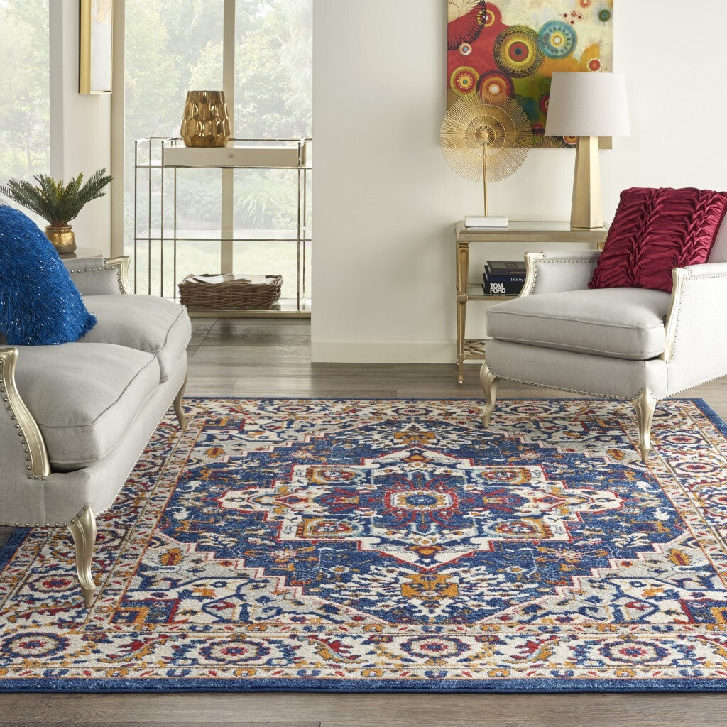 8' X 10' Blue And Ruby Medallion Area Rug