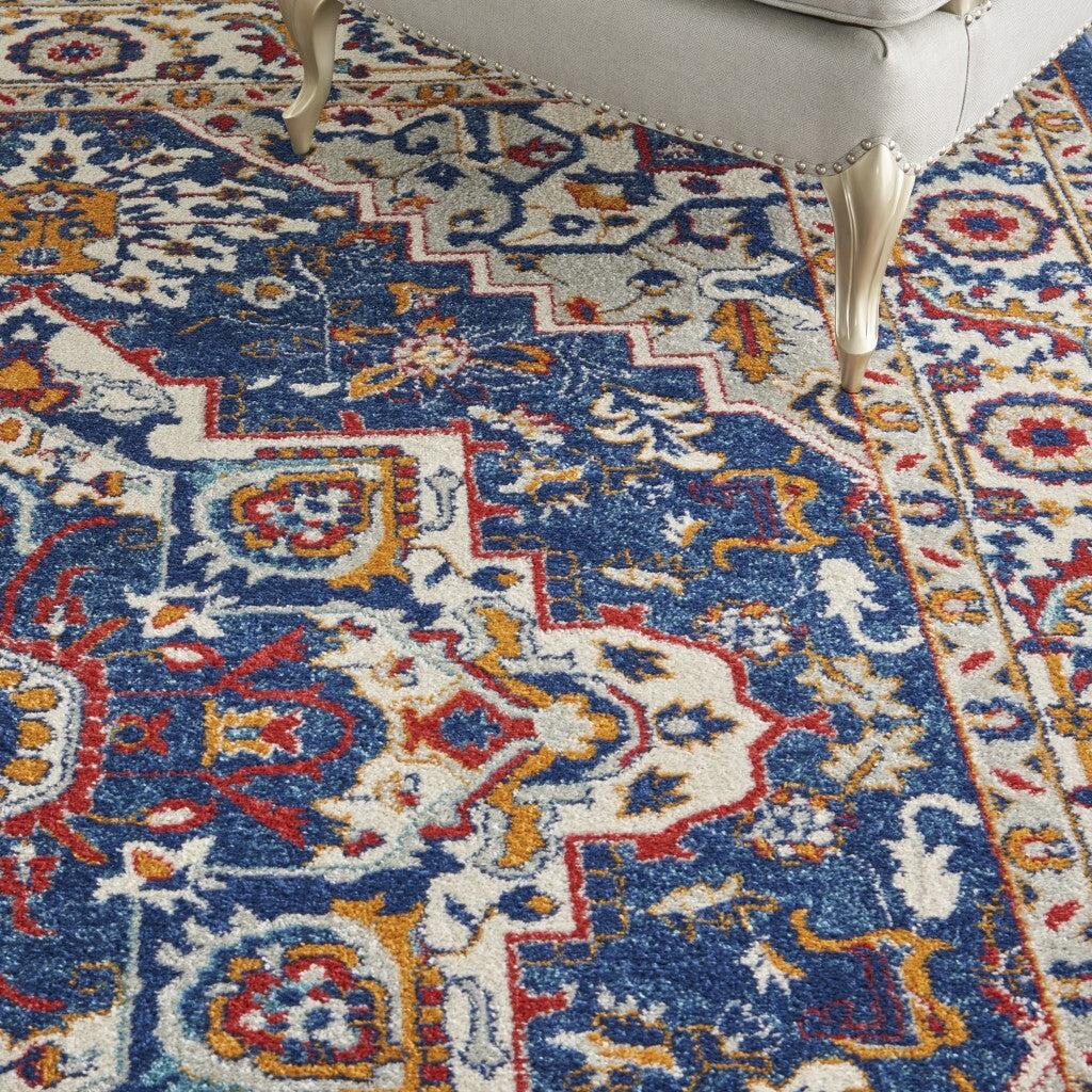 8' X 10' Blue And Ruby Medallion Area Rug