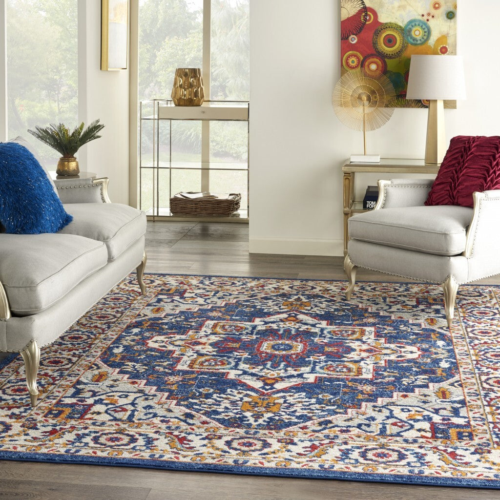 8' X 10' Blue And Ruby Medallion Area Rug