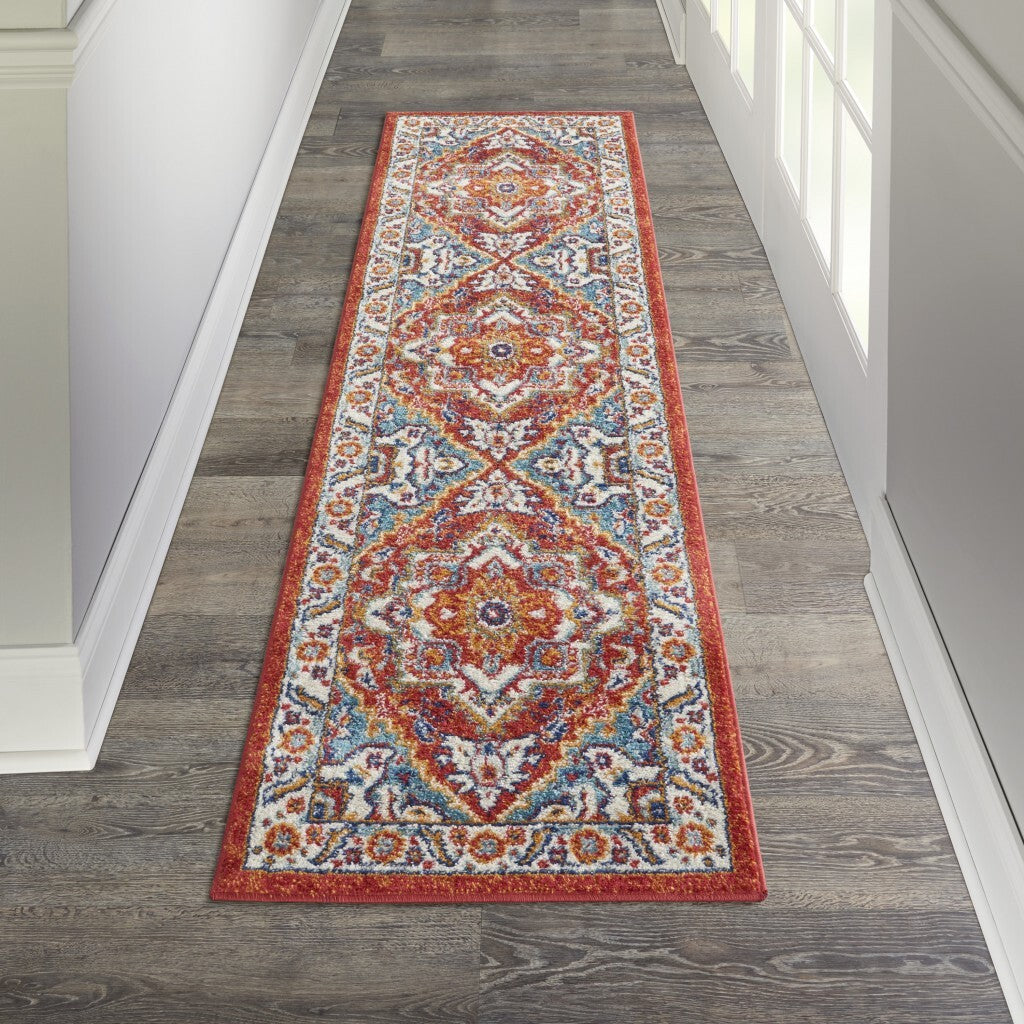 2' X 8' Red And Ivory Medallion Runner Rug