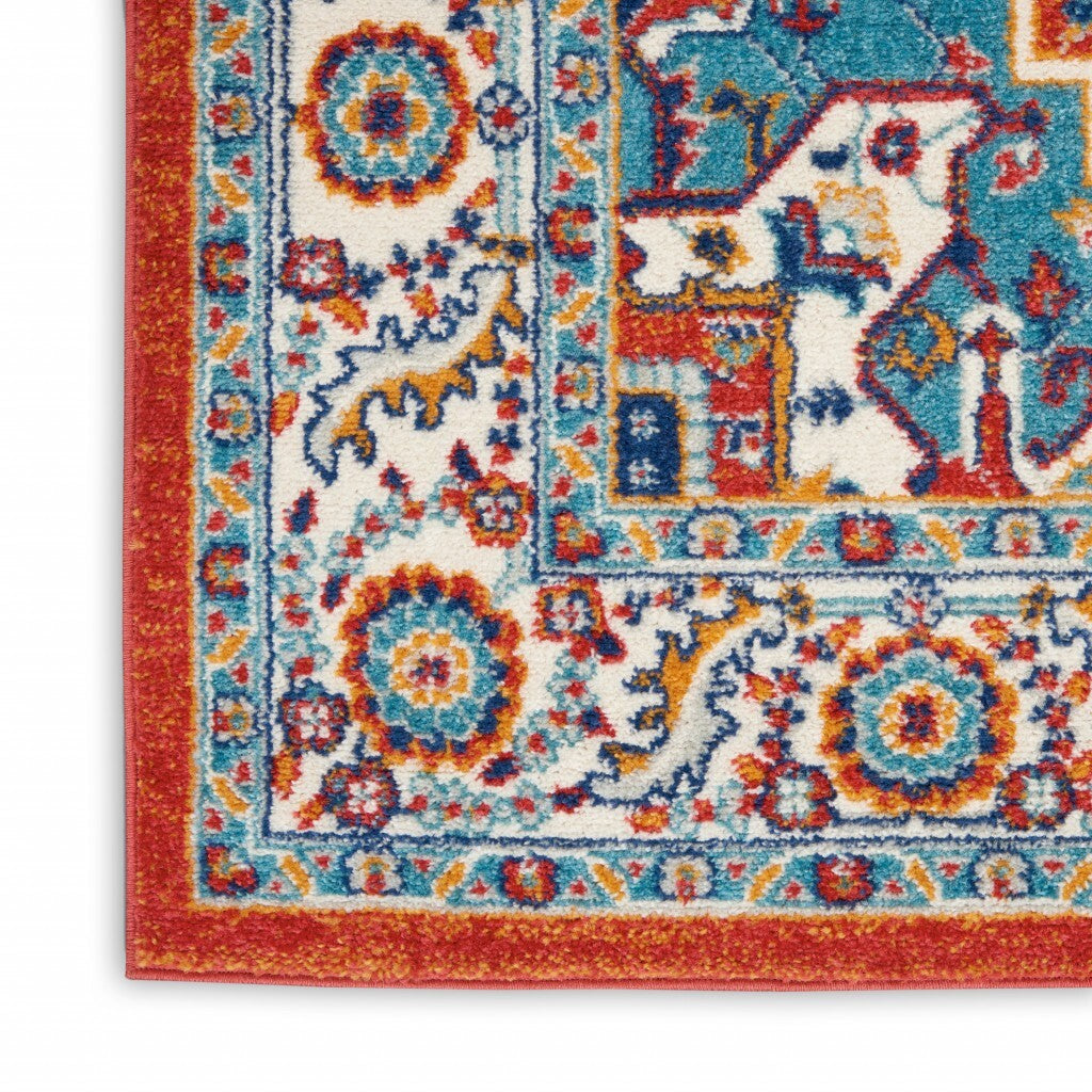 2' X 8' Red And Ivory Medallion Runner Rug