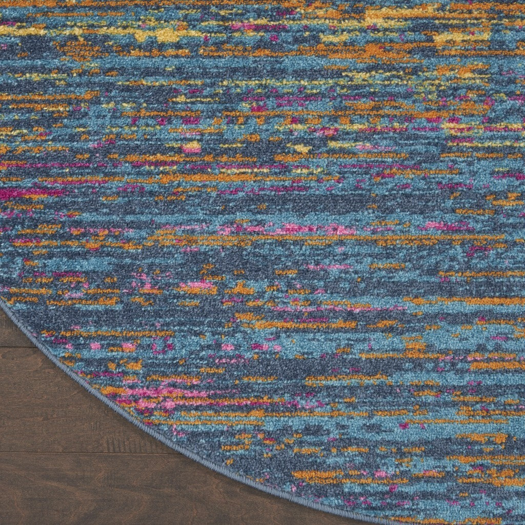 4' Round Blue Distressed Striations Area Rug