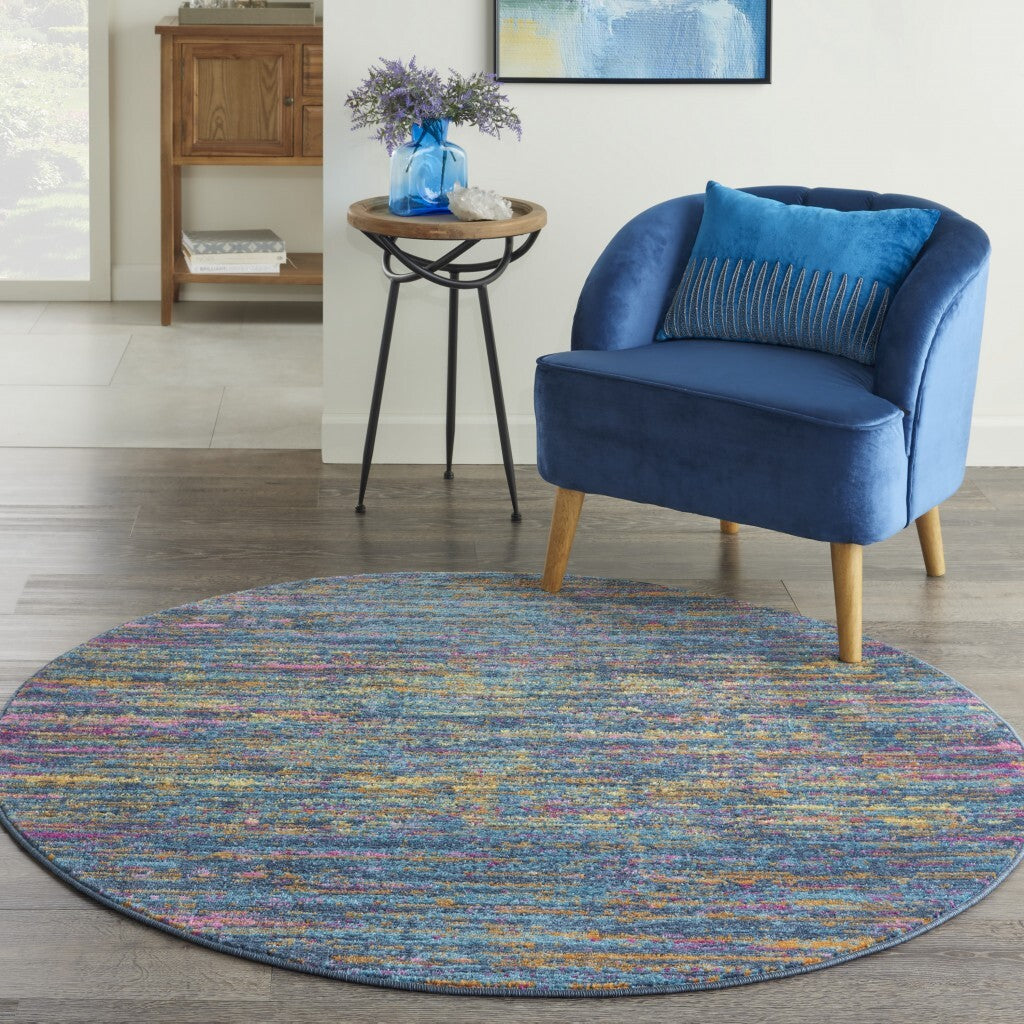 4' Round Blue Distressed Striations Area Rug