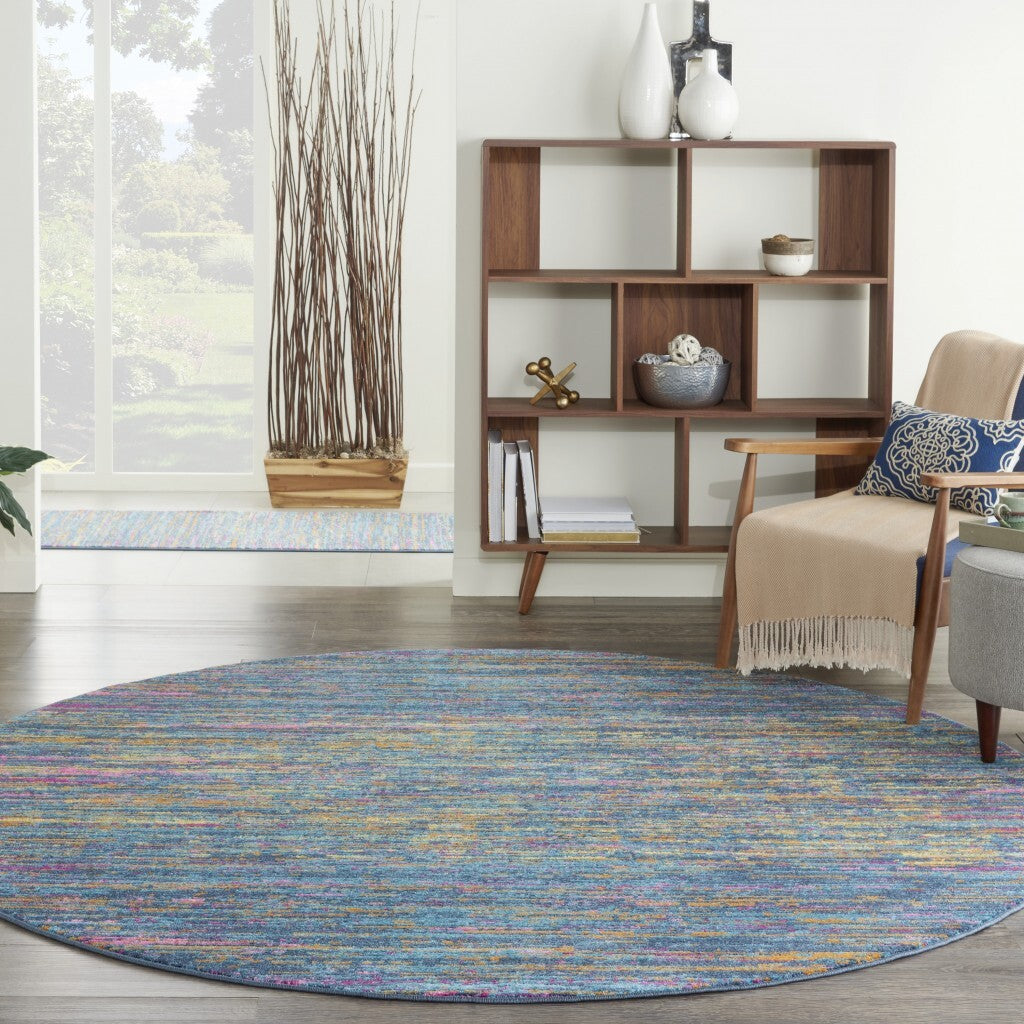 8' Round Blue Distressed Striations Area Rug