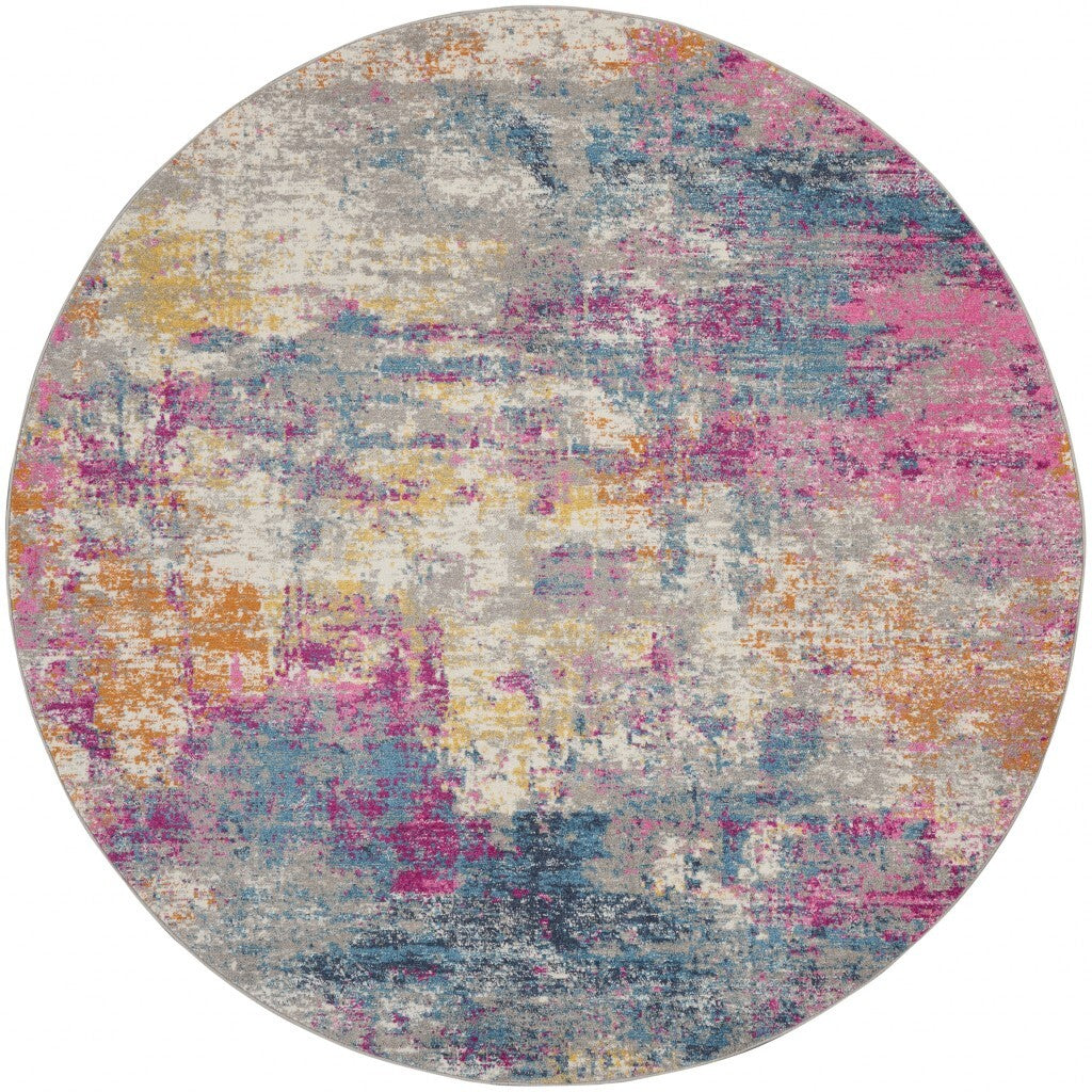 4' Round Ivory And Multi Abstract Area Rug