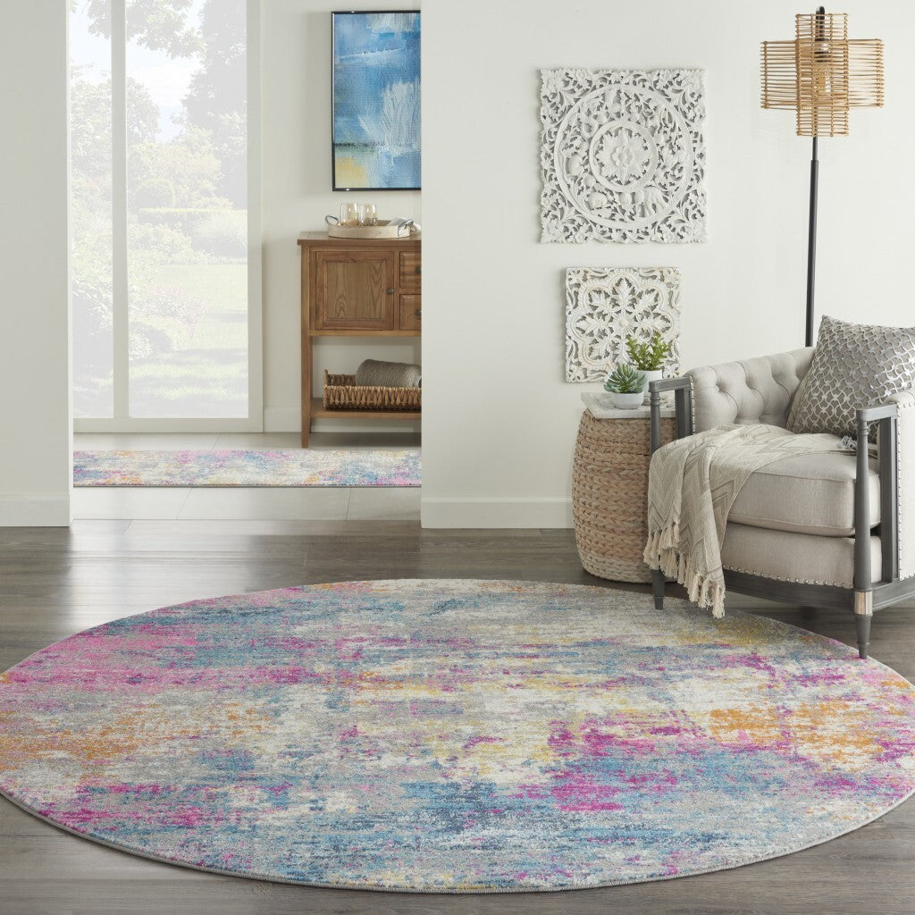 8' Round Ivory And Multi Abstract Area Rug
