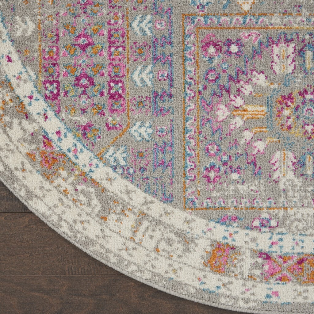4' Round Gray Distressed Ornamental Area Rug