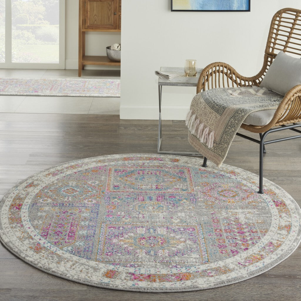 4' Round Gray Distressed Ornamental Area Rug