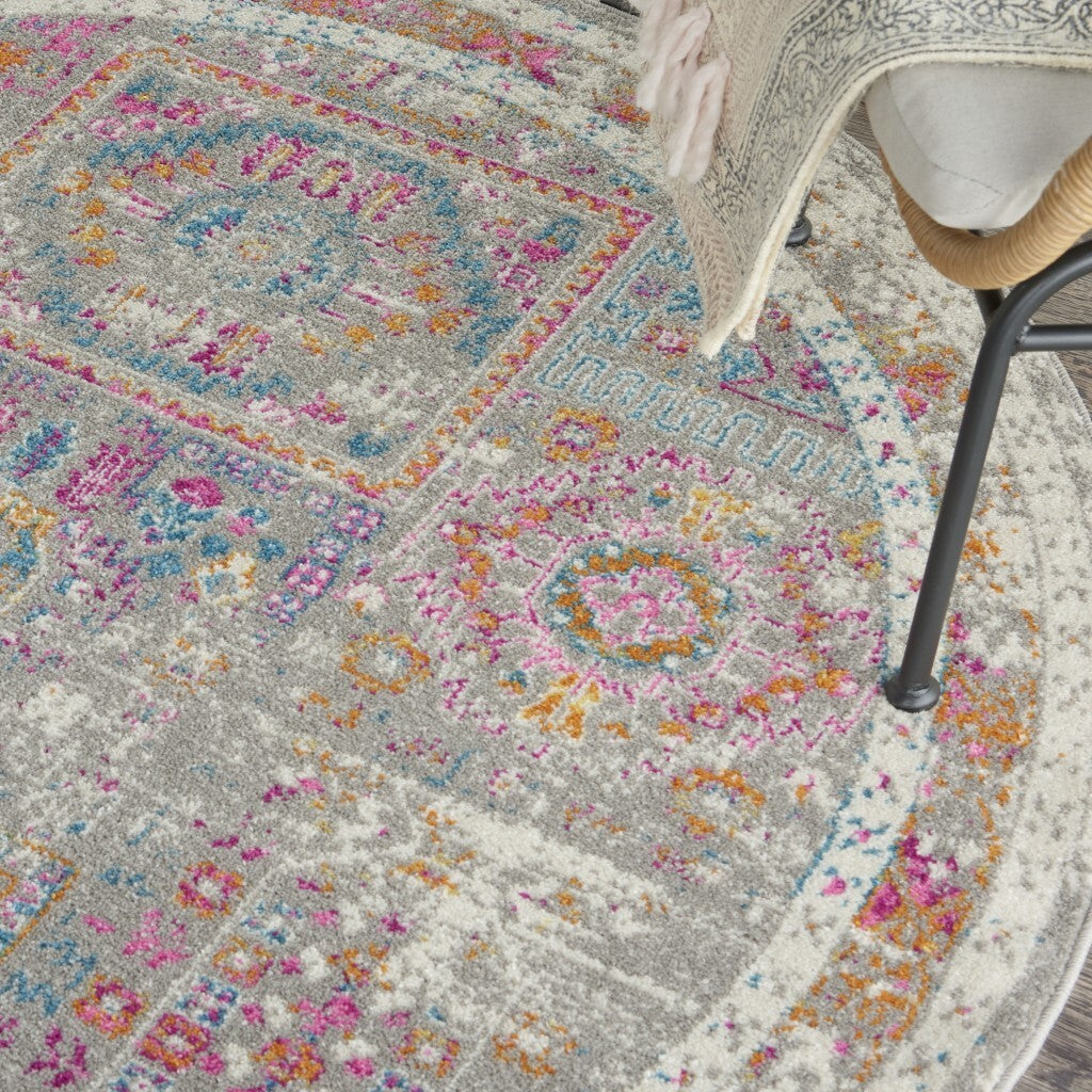 4' Round Gray Distressed Ornamental Area Rug