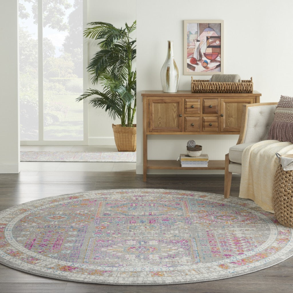 8' Round Gray Distressed Ornamental Area Rug
