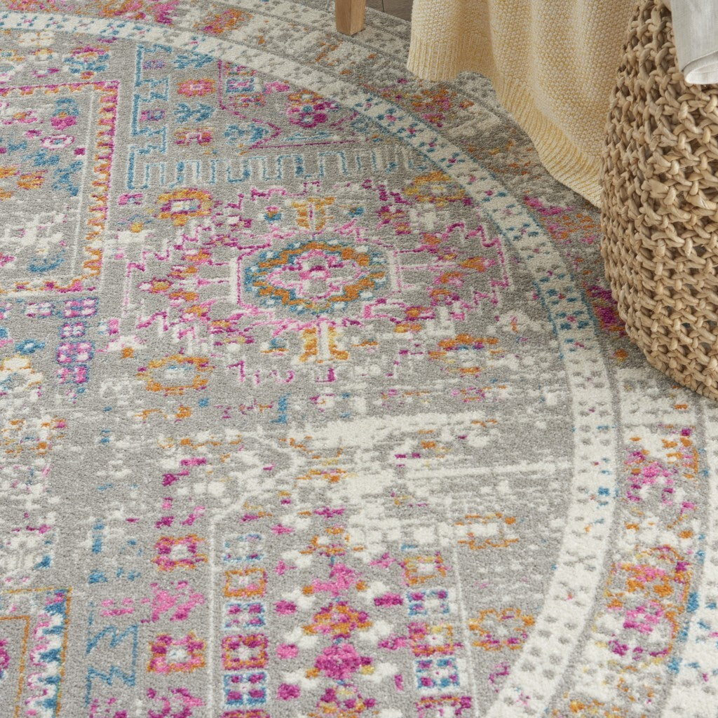 8' Round Gray Distressed Ornamental Area Rug