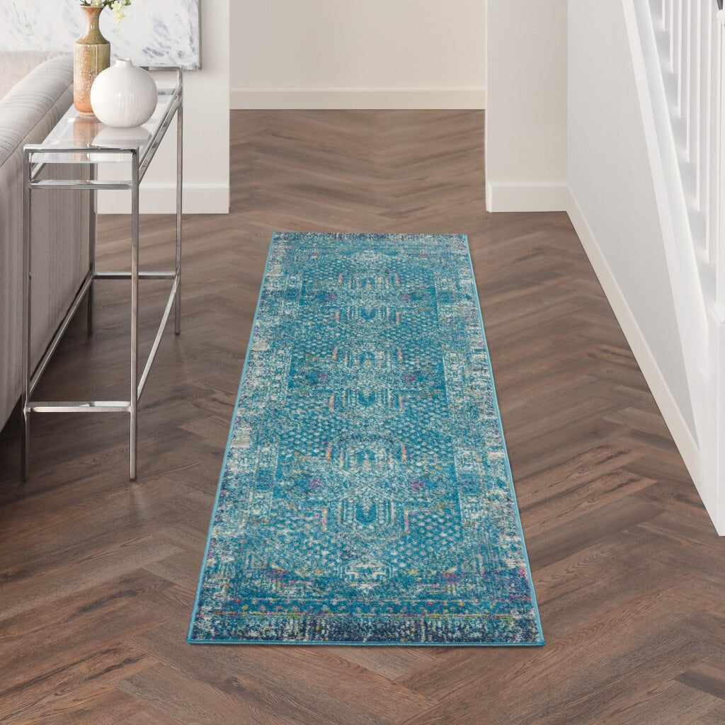 2' X 10' Blue Distressed Medallion Runner Rug