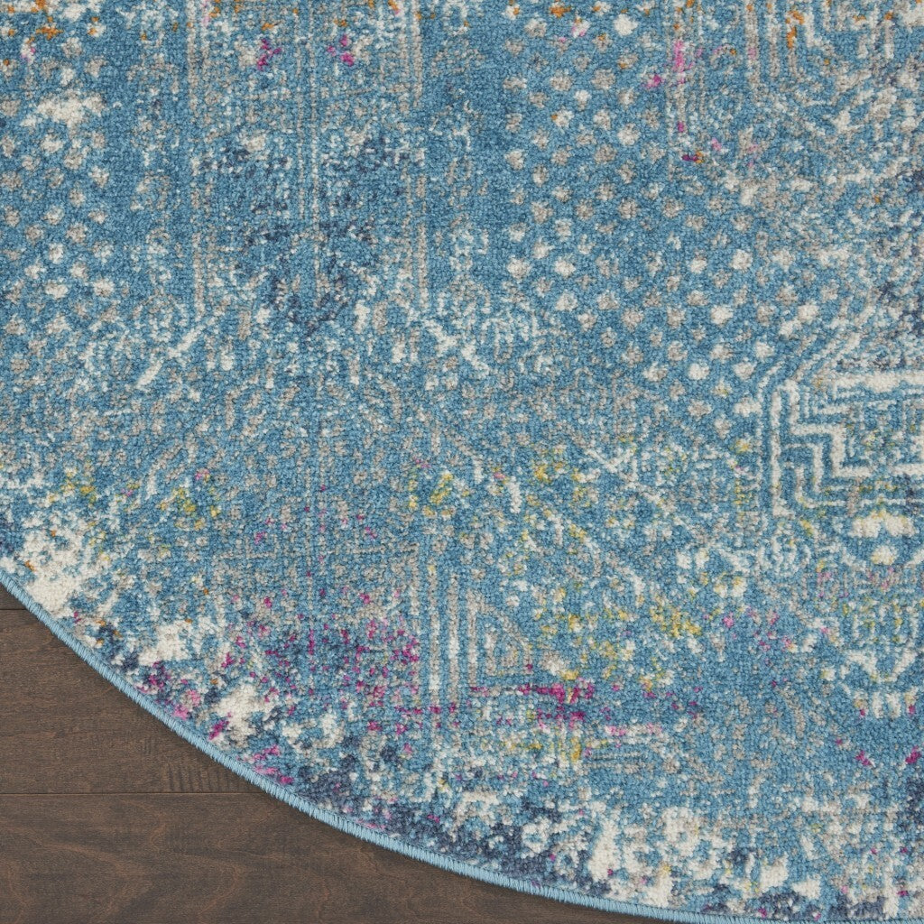 4' Round Blue Distressed Medallion Area Rug