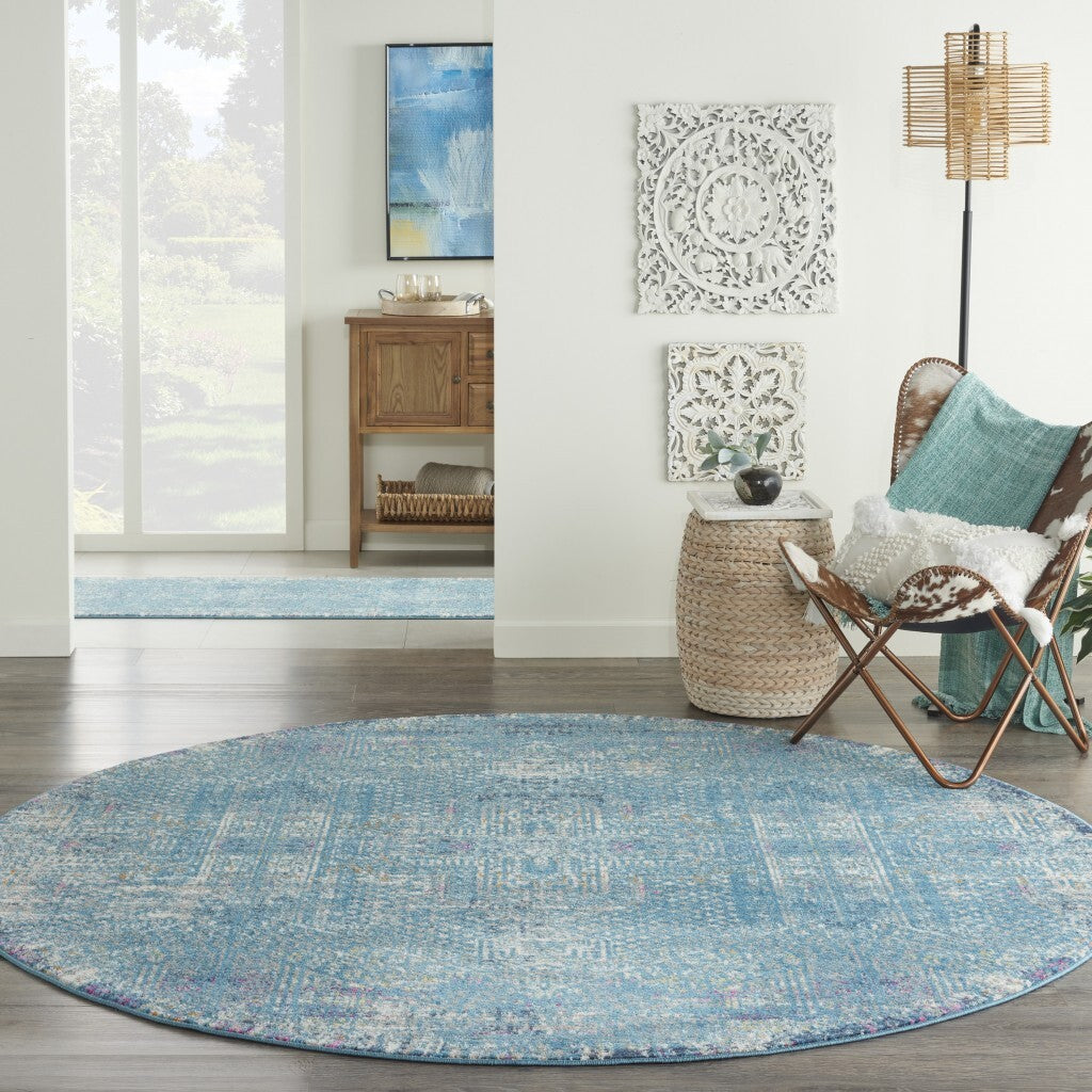 8' Round Blue Distressed Medallion Area Rug