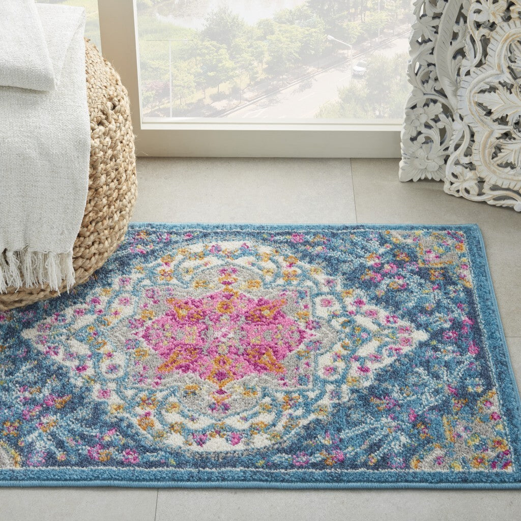 2' X 3' Blue And Pink Medallion Scatter Rug