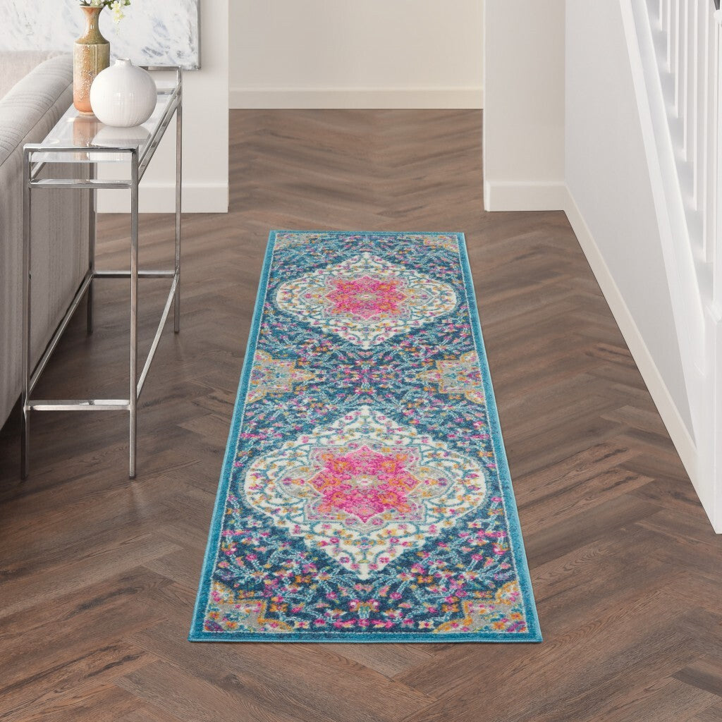 2' X 6' Blue And Pink Medallion Runner Rug