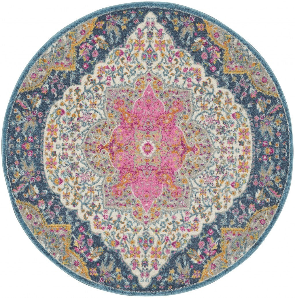 4' Round Blue And Pink Medallion Area Rug