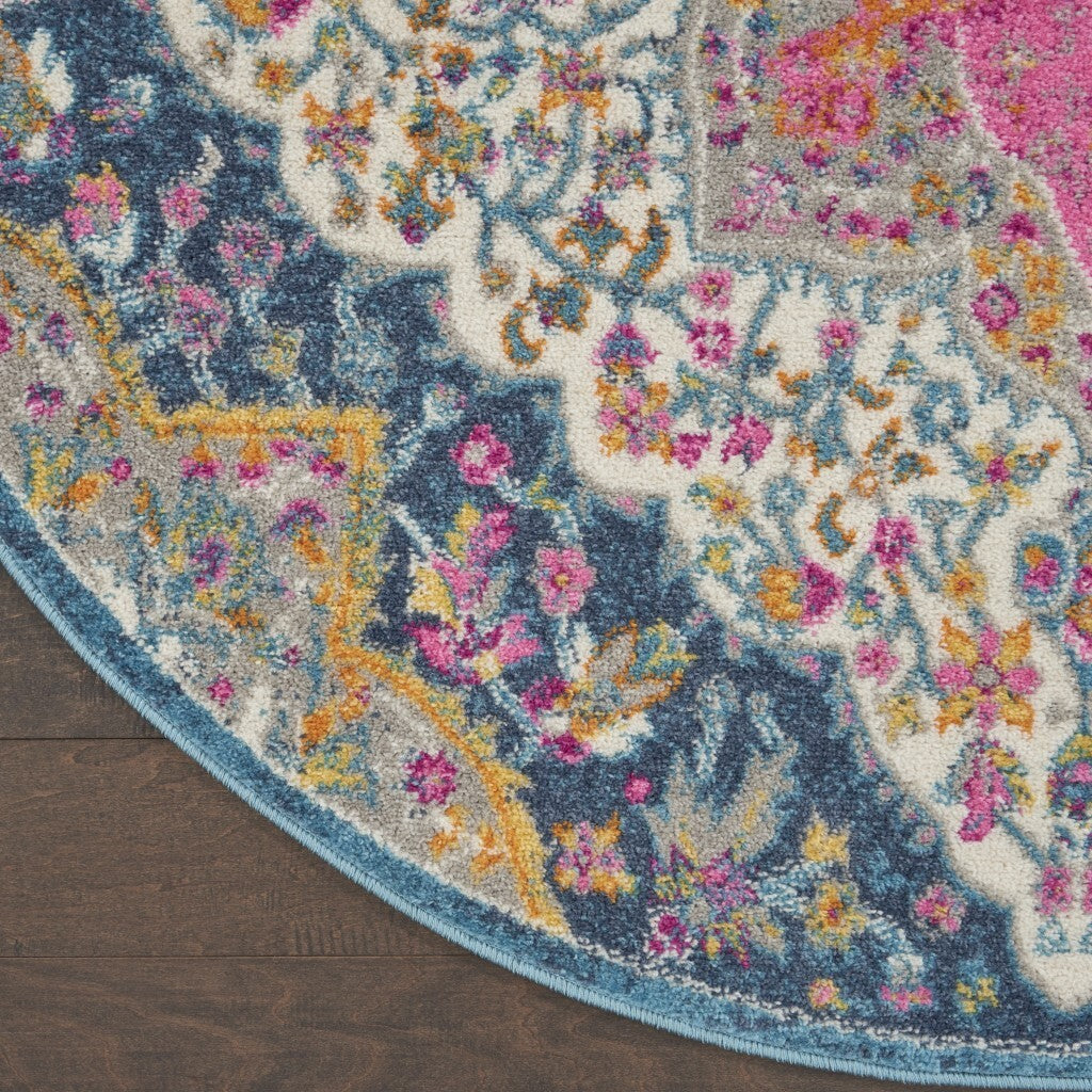4' Round Blue And Pink Medallion Area Rug