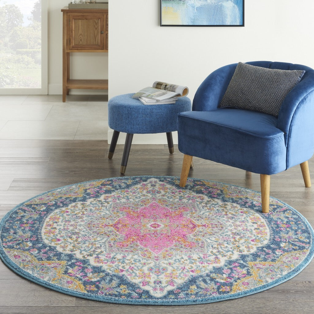 4' Round Blue And Pink Medallion Area Rug