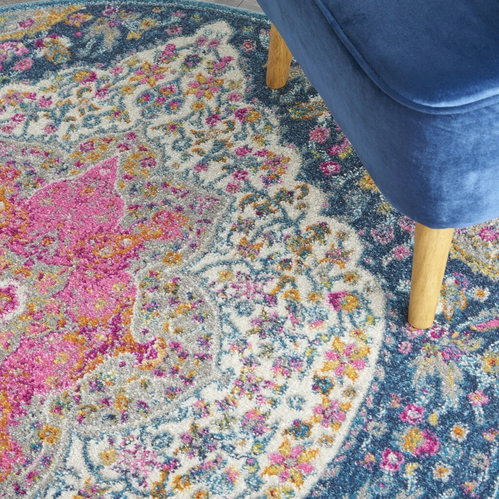 4' Round Blue And Pink Medallion Area Rug
