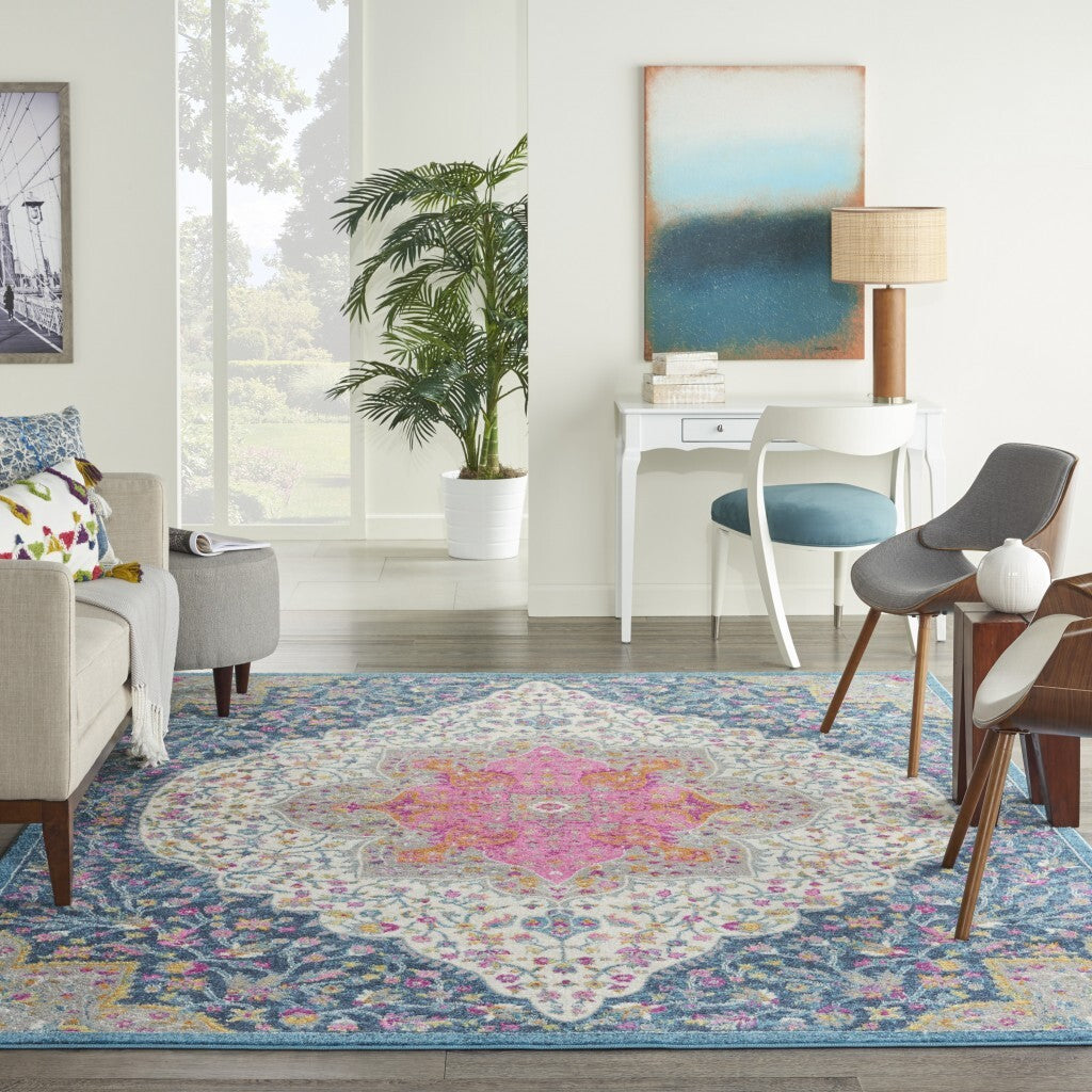 7' X 10' Blue And Pink Medallion Area Rug