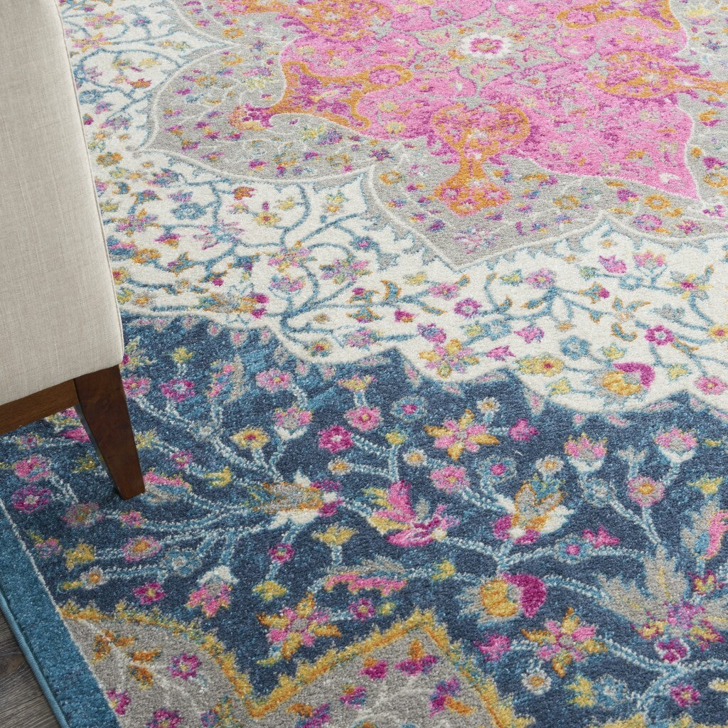 7' X 10' Blue And Pink Medallion Area Rug