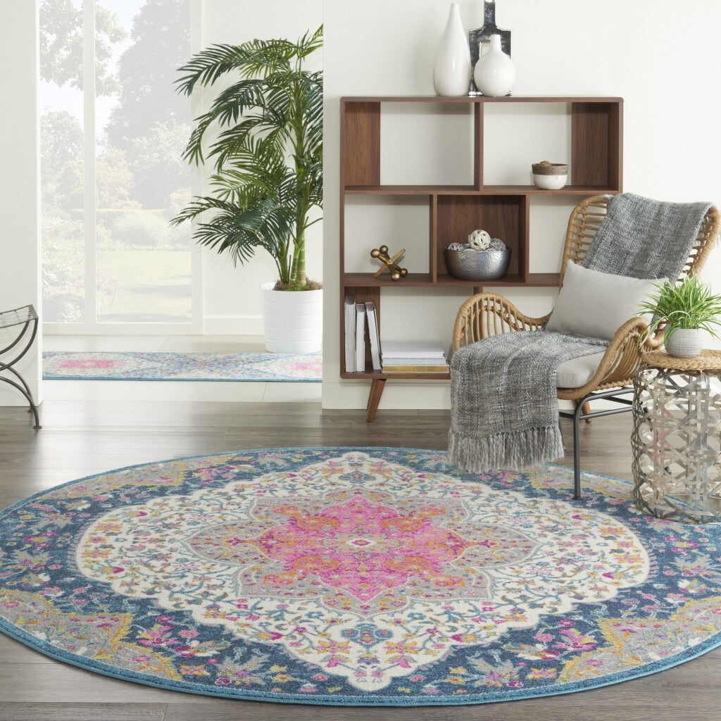 8' Round Blue And Pink Medallion Area Rug