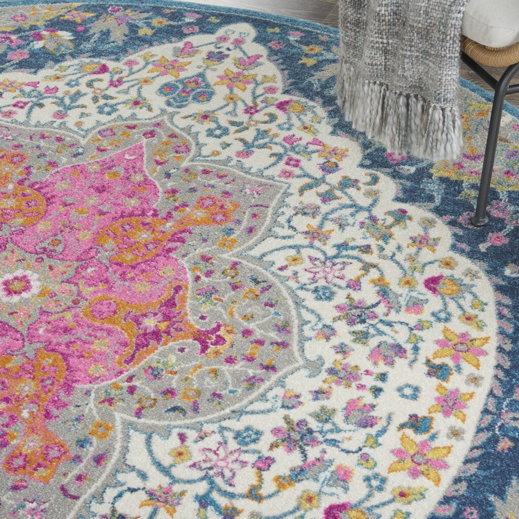 8' Round Blue And Pink Medallion Area Rug